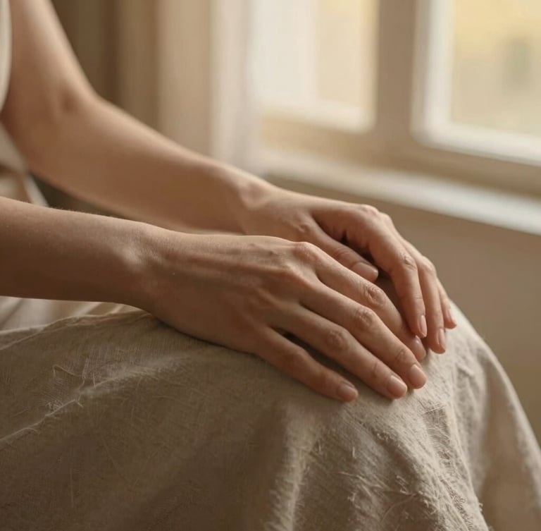 Close-up of gentle hands resting on soft, textured organic linen under warm, diffused golden-hour window light, shallow depth of field
