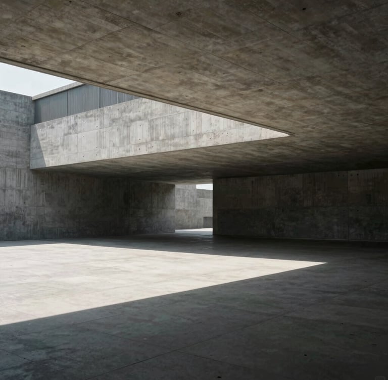 Brutalist concrete architectural space with dramatic sharp shadows and expansive empty space