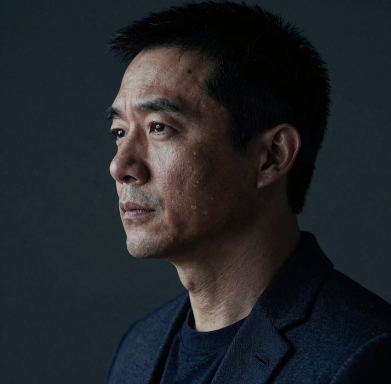 Cinematic low-key portrait of a professional in deep focus, cool muted tones, dramatic single-source side lighting, dark background