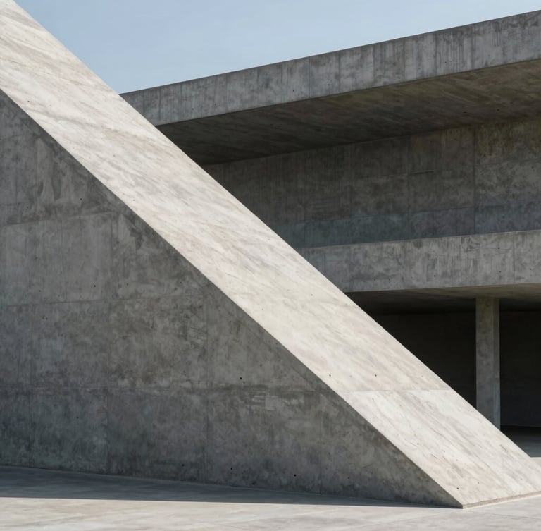 Minimalist brutalist concrete architecture with sharp, dramatic diagonal shadows, clean lines, cold daylight, emphasizing precision and structure.