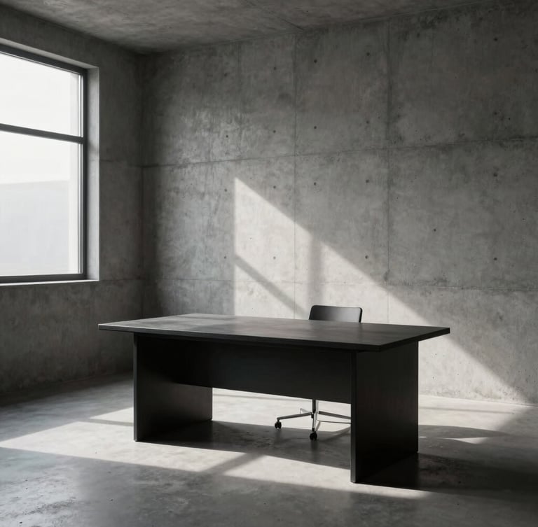 Wide cinematic shot of a minimalist concrete study room, a single dark desk illuminated by a sharp beam of window light, heavy dark shadows, cold charcoal tones.