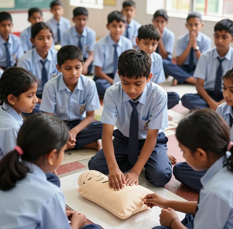 Candid documentary photograph of local school students in Bihar learning emergency first aid, focused expressions, bright natural daylight, 35mm