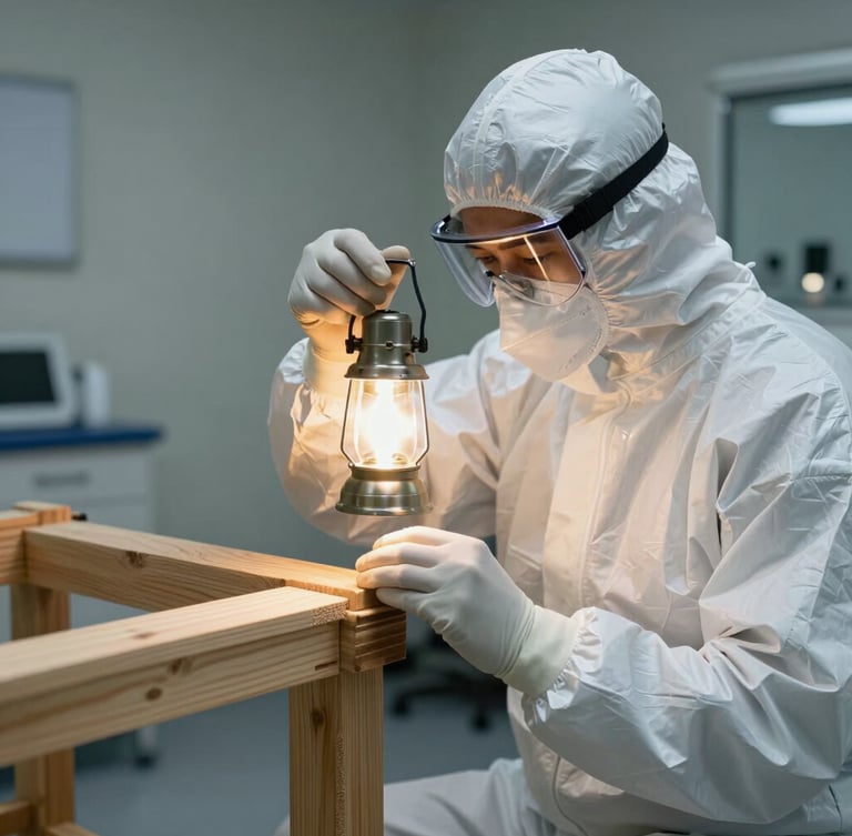 Fotografia vertical em estilo clínico de um técnico especializado vestindo traje de proteção branco e limpo, inspecionando uma junta de madeira estrutural com uma lanterna sob luz clara do dia.