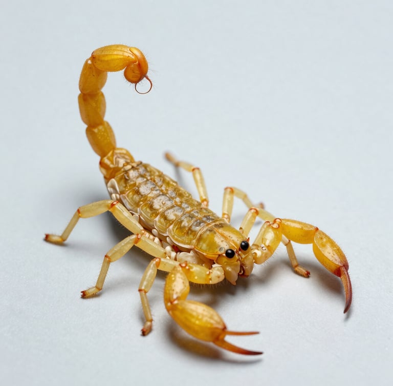 Macro photograph of a yellow scorpion in clinical lighting, isolated on a clean, light grey sterile background, high-definition scientific detail.