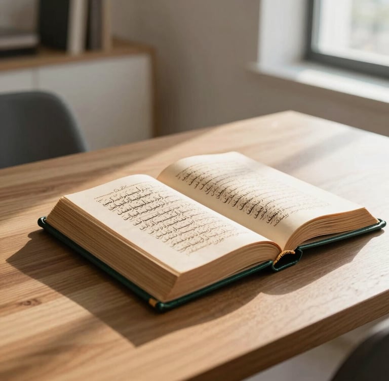 An open classical leather-bound Arabic manuscript on a clean wooden desk, soft warm window light casting long shadows, modern minimalist room background, warm editorial photography, 35mm