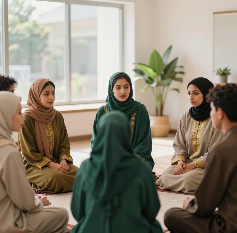 A warm, bright, modern community space with young Muslims engaged in a respectful circle discussion, soft window light, natural green accents, shallow depth of field, 35mm
