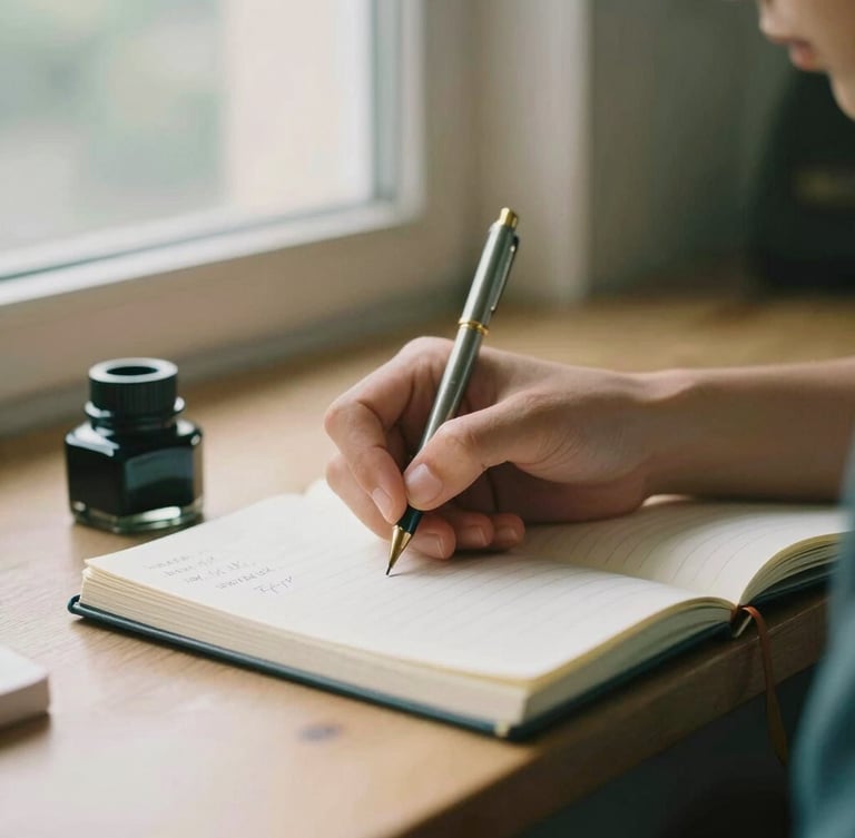 A close-up of a student's hands carefully writing notes in an open journal beside an inkwell, soft morning window light, warm editorial style, 35mm