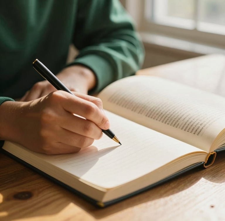 Close-up of a student's hands taking elegant notes in a clean notebook next to an open classical textbook, warm golden sunlight, shallow depth of field, 35mm