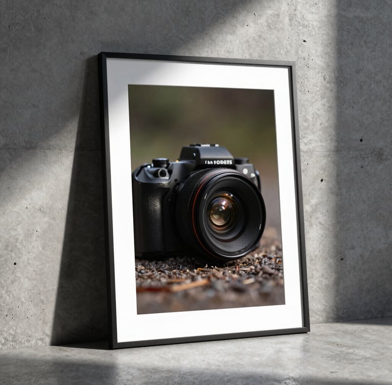 Bespoke framed print resting against a concrete wall, sharp directional light casting a long shadow.