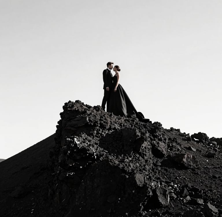 Breathtaking high-contrast portrait of a couple in haute couture, standing on a jagged volcanic cliff in Iceland, dramatic chiaroscuro lighting, deep black shadows, stark white sky.