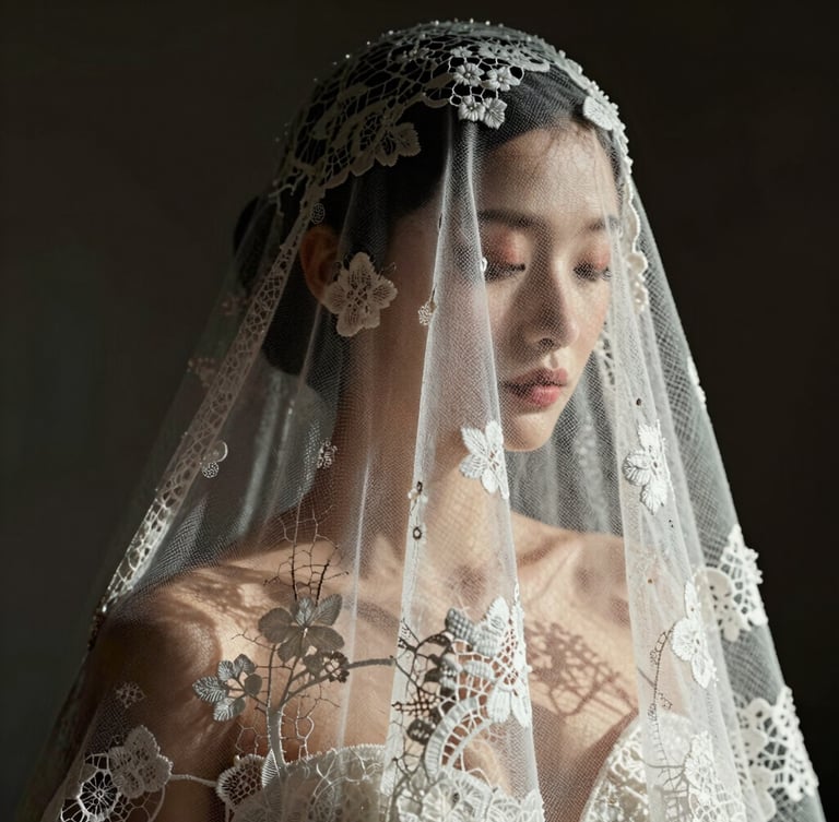 Extreme close-up of a delicate lace veil catching sharp directional light against absolute darkness, high contrast, rich texture.