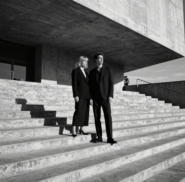 Extreme wide shot of a high-fashion couple standing on the concrete steps of a brutalist museum, harsh directional sunlight casting long dramatic shadows, stark black and white.