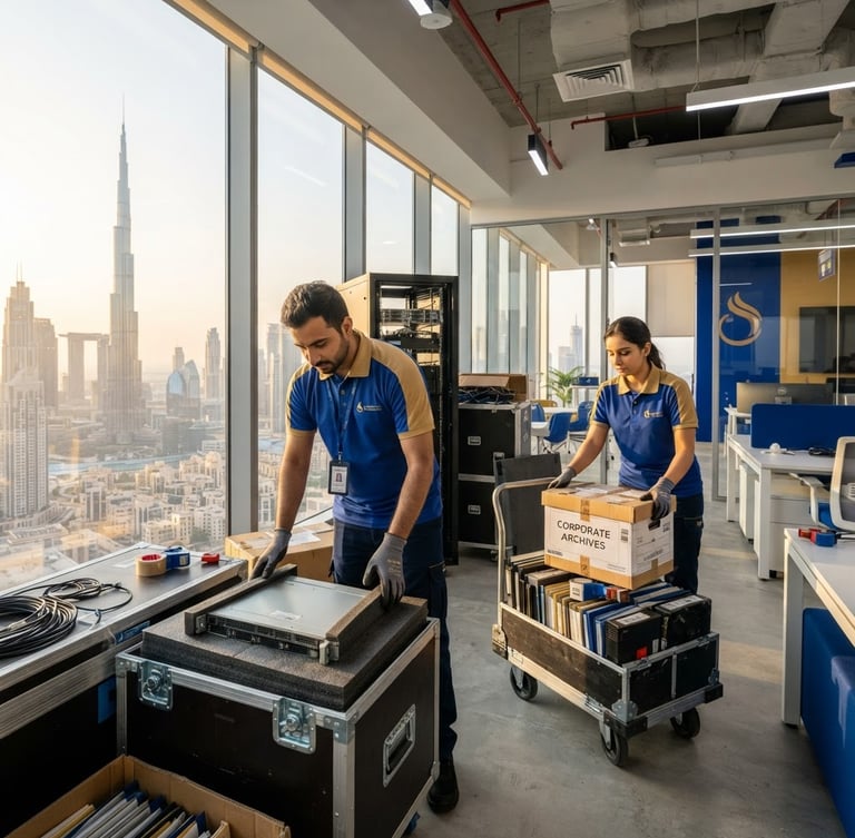 Uniformed professional movers carefully securing IT equipment and corporate archives in a modern office, with the Dubai skyline visible through a large window, bright commercial lighting, royal blue and gold accents.