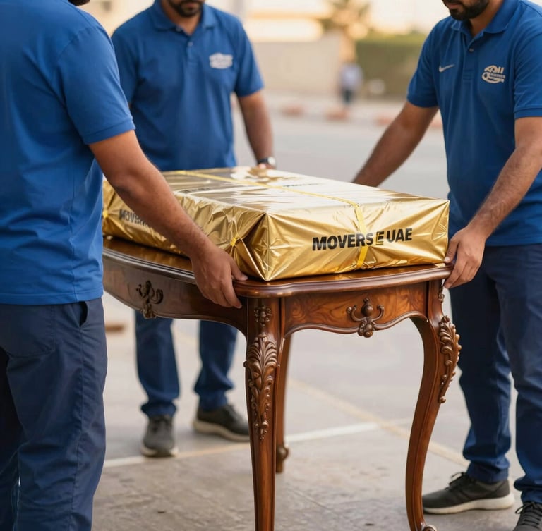 Close-up of professional movers wearing Movers E UAE uniforms, carefully wrapping a high-end antique wooden table with gold-standard packing materials, bright commercial lighting, sharp depth of field.