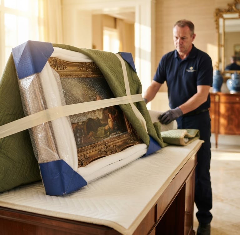Close-up of gold-standard packing materials protecting a delicate art piece, uniformed professional mover in background, luxurious villa interior, bright commercial lighting, sharp depth of field, rich royal blue and gold accents.