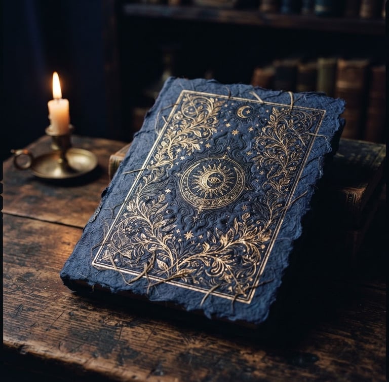 Tactile book cover resting on a dark rustic wooden table, soft warm candlelight casting long shadows, deep twilight indigo room, 35mm photography, shallow depth of field