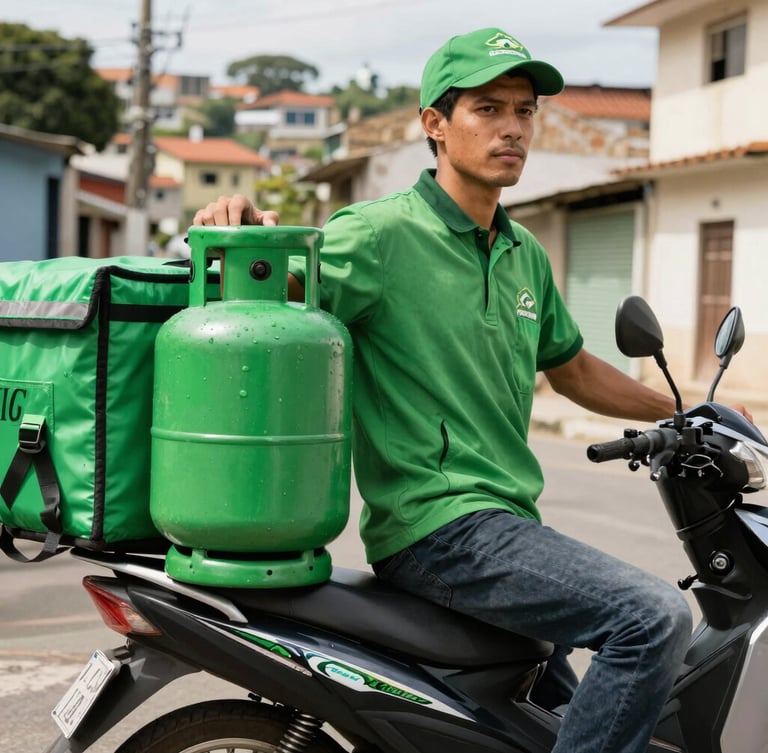 Friendly delivery rider in green uniform holding a bright green cooking gas cylinder next to his motorcycle, bright daylight, Belo Horizonte neighborhood background.