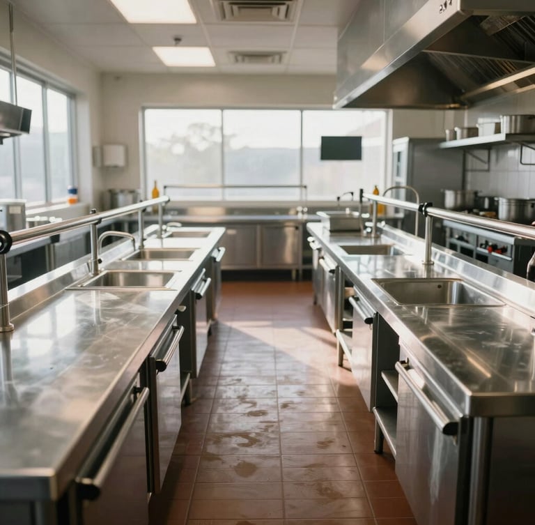 A straight-on, wide-angle shot of an immaculate, empty commercial kitchen prep line before service, bright natural morning light reflecting off polished stainless steel counters.