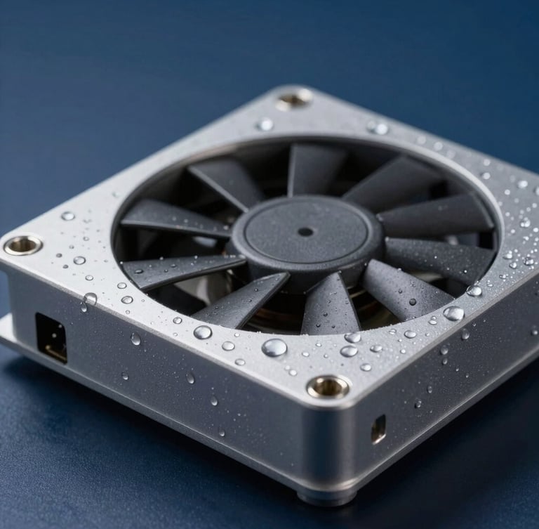 Close-up of a rugged aluminum fanless industrial monitor chassis, water droplets spraying on the IP65 sealed front bezel, sharp focus on metallic textures, cool studio lighting