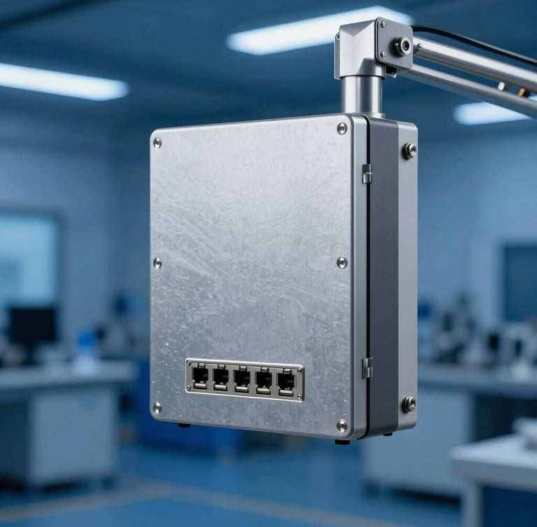 Crisp industrial product photography of a rugged aluminum panel PC mounted on a steel arm in a modern factory setting, cool blue studio lighting, metallic textures and ports visible, macro depth of field.