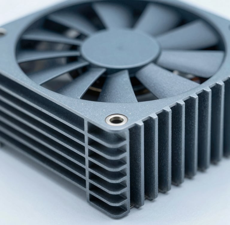 Macro shot of a fanless industrial PC aluminum cooling fins, metallic gray texture, clean studio lighting with subtle blue undertones