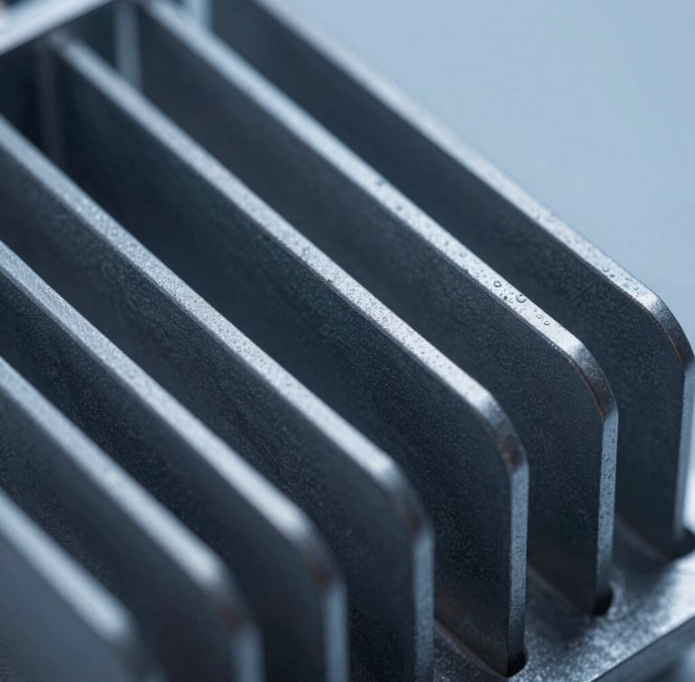 Macro shot of rugged aluminum chassis cooling fins, cool studio lighting with subtle blue undertones, crisp industrial product photography