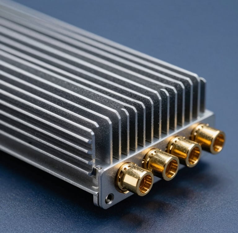 Macro shot of industrial PC aluminum chassis cooling fins and rugged gold plated connection ports, cool studio lighting