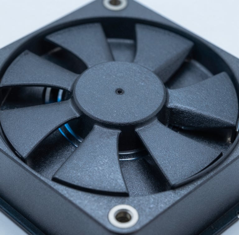 Macro close-up of dark gray anodized aluminum cooling fins on an industrial fanless PC chassis, rugged metallic texture, cool technical lighting with blue undertones, shallow depth of field.