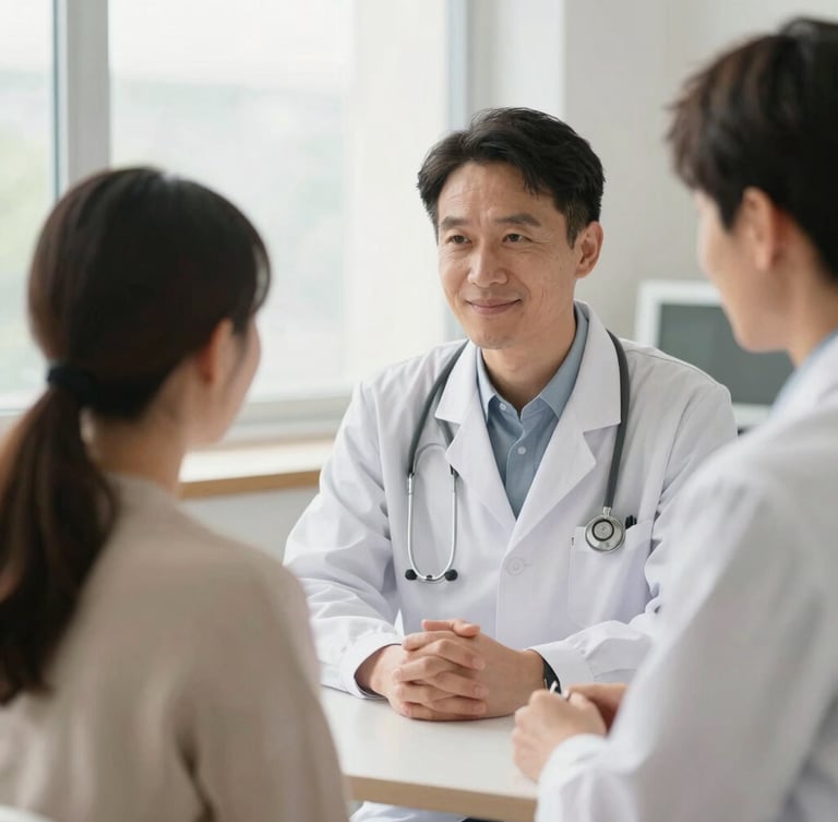 A professional doctor in a natural consultation with a patient, soft warm window light, clean clinical environment, reassuring and calm atmosphere, shallow depth of field