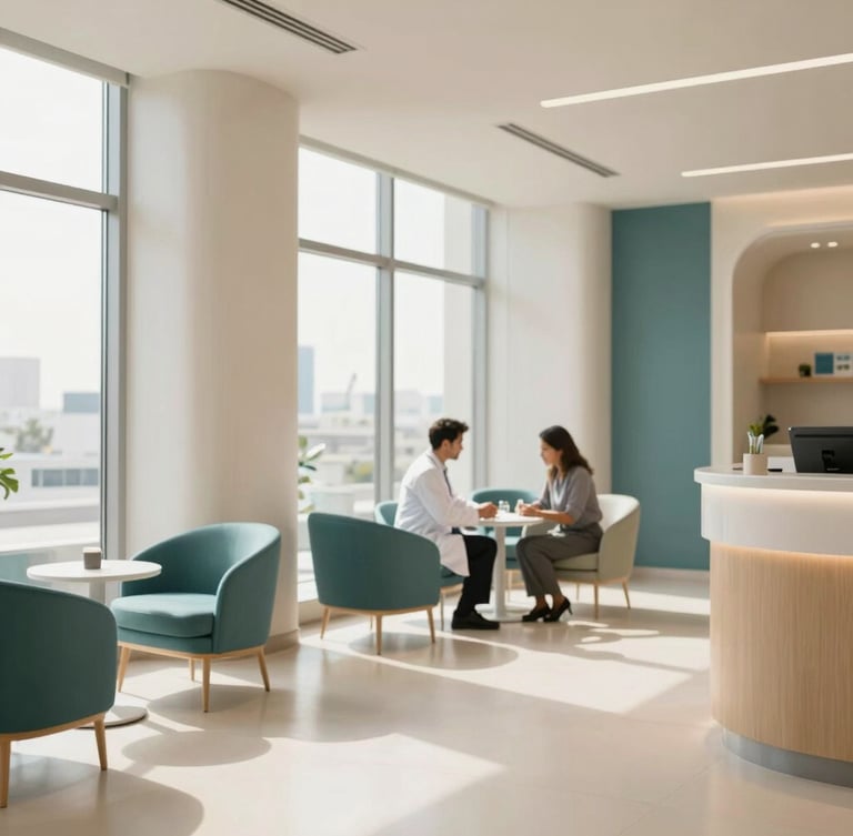 A bright and spacious modern medical clinic lobby in Bahrain, warm natural light streaming through large windows, minimalist design with soft sand and deep teal accents, professional doctor in a white coat consulting a patient in the background with shallow depth of field.