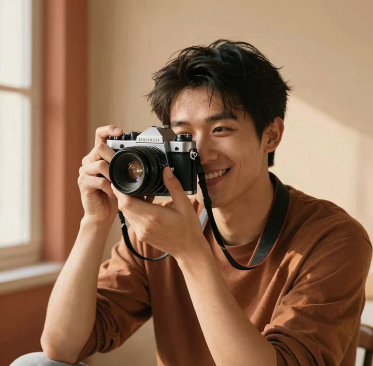 Intimate portrait of a friendly photographer holding a vintage camera, soft natural window light, warm terracotta and sand background tones, relaxed and genuine expression