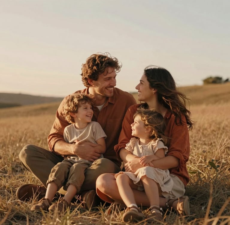 Cinematic editorial 35mm photography of a young family laughing and embracing on a grassy hill during golden hour, warm natural light, soft sand tones, shallow depth of field, candid interaction