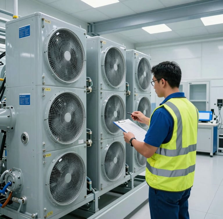 Technician in high-visibility vest inspecting a complex commercial HVAC chiller unit in a brightly lit, modern Dubai mechanical plant room, crisp technical focus.