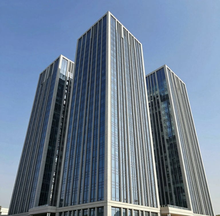 Wide shot of a pristine, modern Dubai commercial building exterior under clear blue sky, showcasing high-performance architectural glazing and clean structural lines.