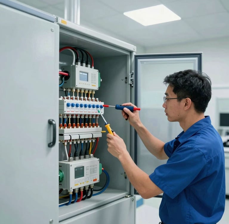 Precision electrical engineering work inside a clean, modern Dubai MEP plant room, technician inspecting a high-voltage panel with specialized tools, crisp daylight
