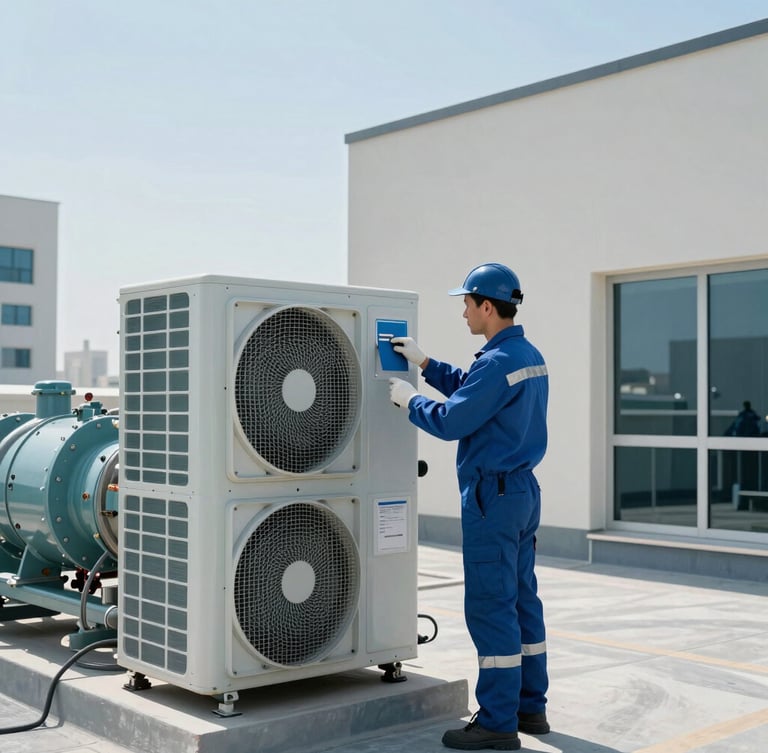 Technician in clean uniform inspecting a commercial HVAC chiller system on a bright Dubai rooftop, crisp architectural lighting, cool blue tones