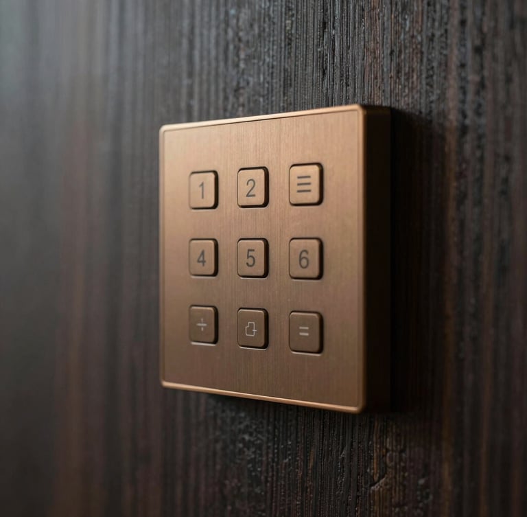 Close-up of a sleek, minimalist bronze home automation keypad mounted on a dark textured wood wall panel, soft warm architectural glow highlighting the clean lines, shallow depth of field.