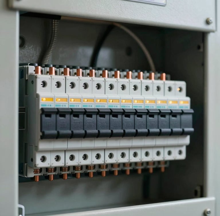 Close-up of a perfectly organized residential electrical panel, neat rows of copper terminals and black breakers, amber indicator lights glowing softly, clean architectural framing, high-end technical design.