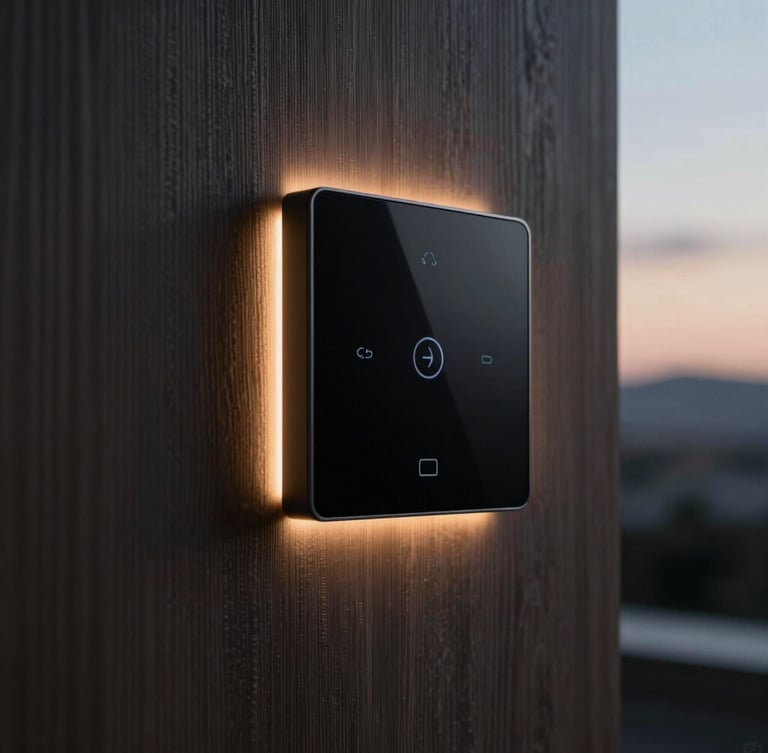 A close-up of a sleek, minimalist smart home touch panel glowing with warm amber light, mounted on a dark textured wood wall, soft twilight background