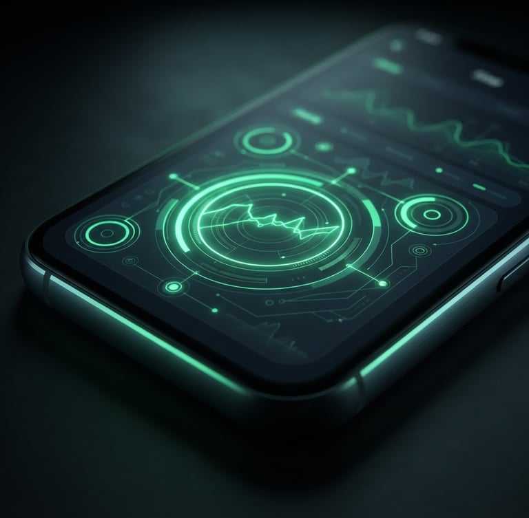 High-fidelity mockup of a clean Android utility app UI on a modern, dark smartphone, with subtle green neon rim lighting, extreme close-up, macro lens, dark slate tones.