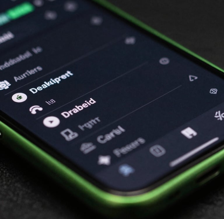 Macro shot of a high-fidelity Android user interface showing a clean system monitor on a physical device, dark slate tones, sharp neon green rim lighting, high contrast