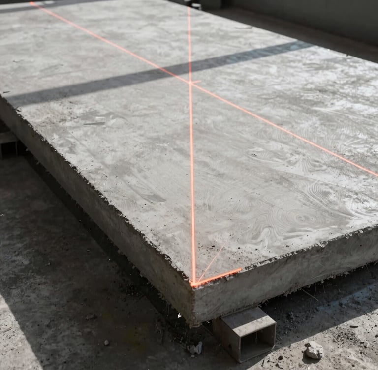 Low-angle heroic shot of a freshly finished commercial concrete slab, laser levels casting sharp orange lines across the surface, high-contrast morning light, 35mm lens