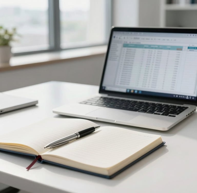 A clean, bright modern attorney office workspace with a notebook, pen, and laptop displaying structured spreadsheets, cool daylight, highly professional and organized, portrait aspect.
