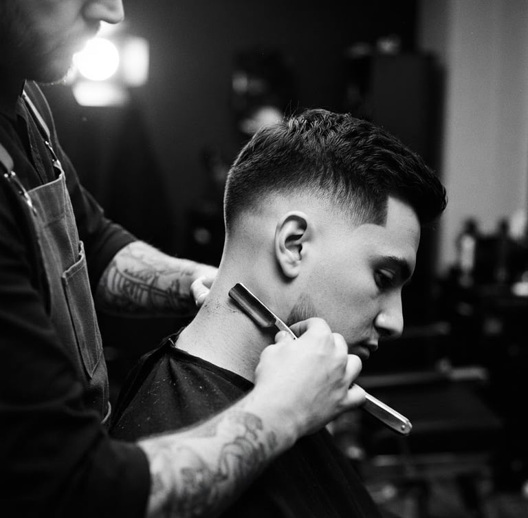high-contrast black and white photography, dramatic side-lit studio lighting, luxury minimalist mood, sharp focus, 35mm film. A close-up of straight-razor precision grooming on a client, sharp hair fade, elegant monochrome tones.