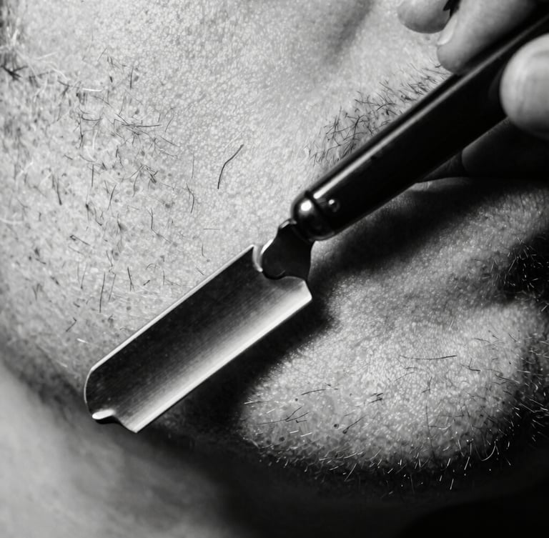Macro extreme close-up of a straight razor carving a sharp line on a beard, high-contrast black and white, side-lit studio lighting, dramatic focus on the steel blade