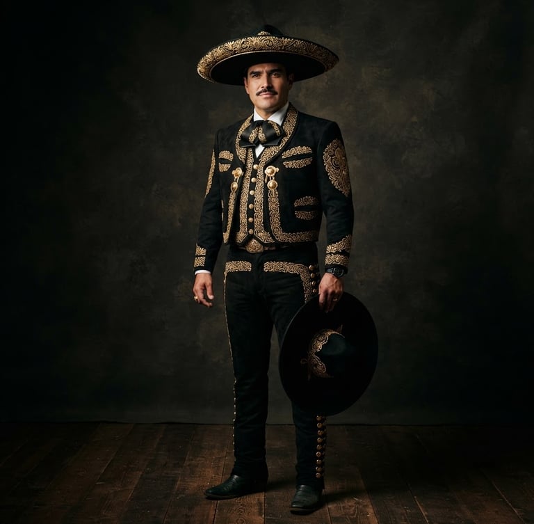 Elegant full-length portrait of a traditional black charro suit with gold embroidery on a dark textured studio backdrop, dramatic side-lit lighting, 85mm lens