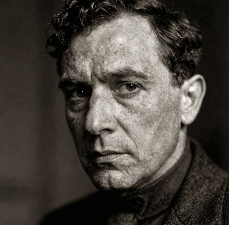 Portrait en gros plan d'un visage anonyme du début du 20e siècle, expression pensive, haute contraste noir et blanc, texture granuleuse de film ancien, éclairage dramatique par le côté, tons ambrés subtils.