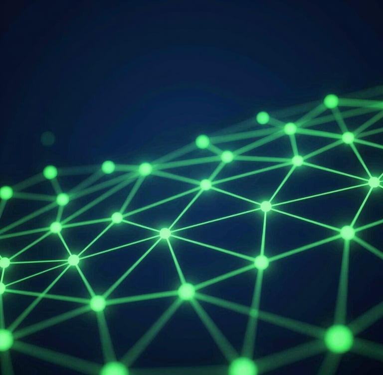 Abstract visualization of glowing neon green network connections and data flows on a deep dark blue background, premium corporate aesthetic, 35mm