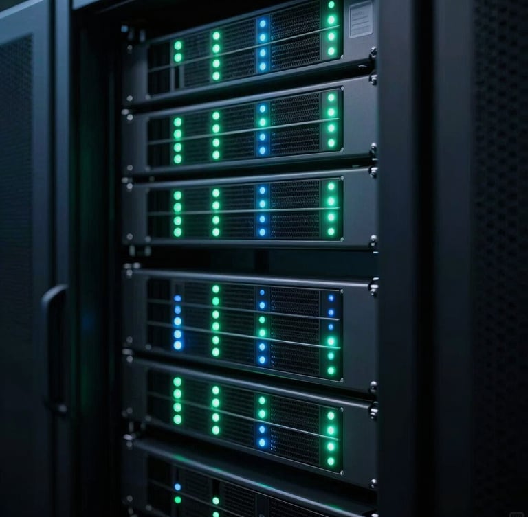 Close-up of modern secure server rack, subtle green and blue LED indicators glowing in low-key lighting, highly professional, 35mm