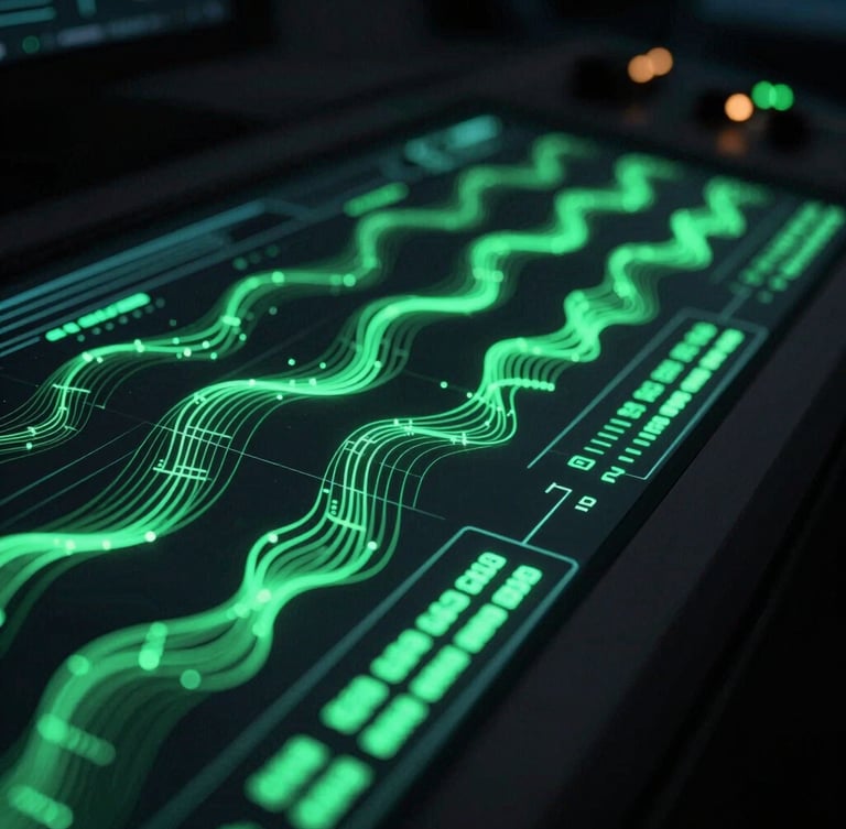 Close-up of a high-tech dark control panel displaying glowing neon green data nodes and clean cybernetic wave patterns, low-key lighting, 35mm